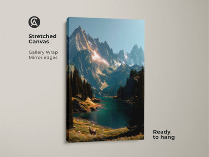 Gallery-wrapped stretched canvas mountain lake artwork. This ready-to-hang canvas print has mirror edges. It shows a majestic mountain range a pristine lake and a deer. Add this captivating landscape to your home decor.
