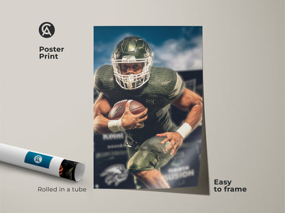 Poster print showcasing an American football player in action. This green sports poster is easy to frame. Perfect for adding team spirit to your space. A great gift for any football fan who loves contemporary sports art.
