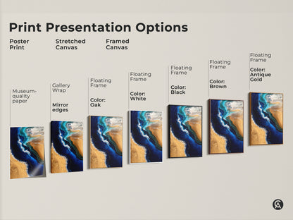 Print presentation options showcasing poster prints stretched canvas and framed canvas styles. Each features abstract ocean art. The fluid art beach prints showcase deep blue and sandy gold tones. Choose the perfect format to bring coastal artwork into your home. Find museum-quality paper gallery wraps and floating frames.