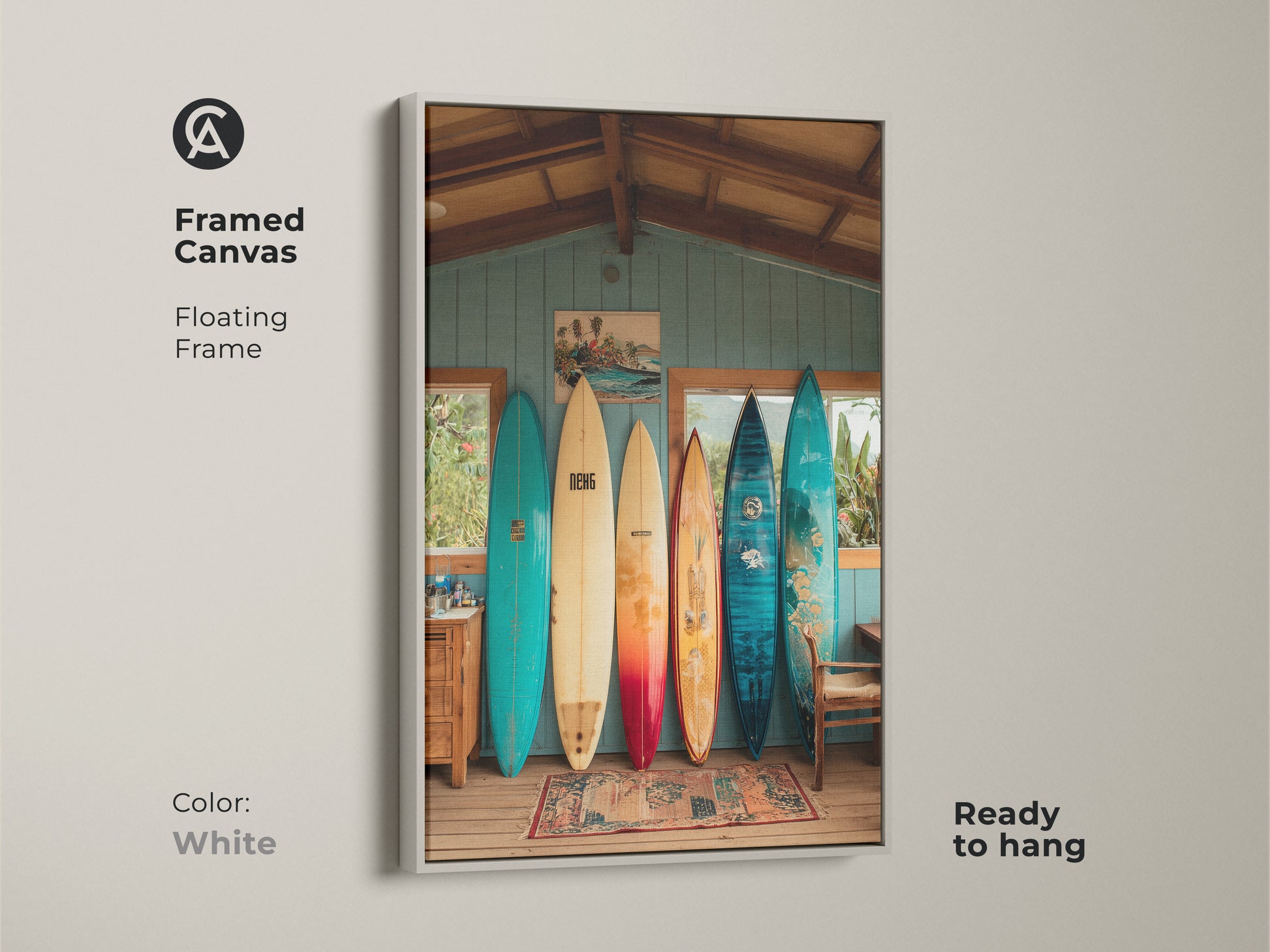 This framed canvas features a beach house interior. Vintage surfboards leaning against a wall. The floating frame is white. It is ready to hang. Perfect for adding coastal artwork to any room. A great conversation starter.