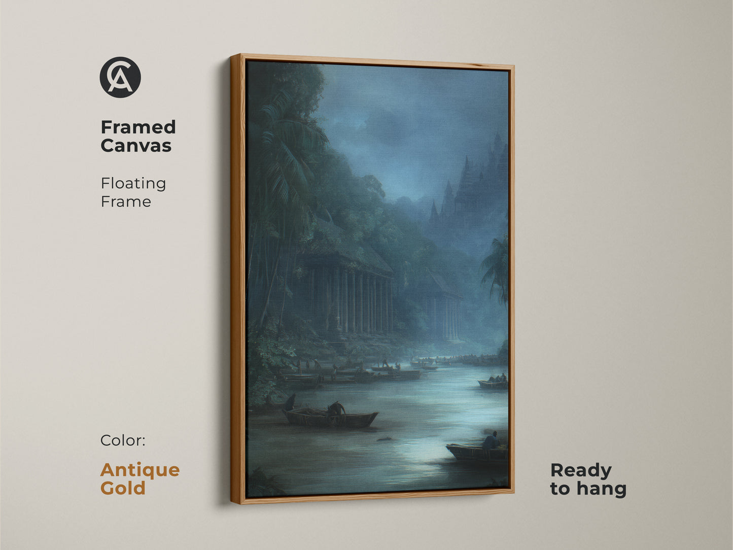 Framed Canvas featuring a traditional river scene with boats. The misty grey landscape art has deep blue and dark teal accents with a antique gold floating frame. This historical painting is ready to hang.