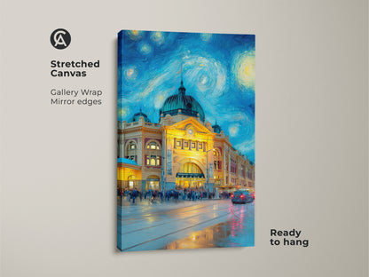 Stretched canvas print featuring Flinders Street Station artwork. This gallery-wrapped canvas showcases mirror edges. It is ready to hang and enjoy. The painting has a Starry Night style and feel. Great Melbourne art for your home.