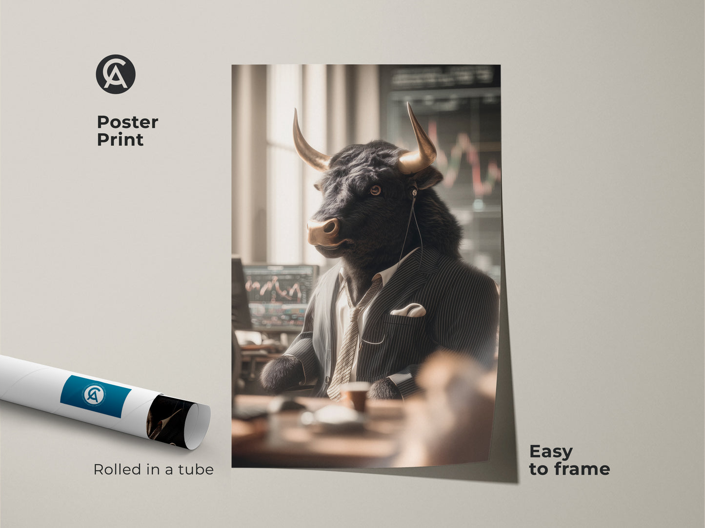 Poster print of a bull dressed as a stock market trader. Rolled in a tube this art is easy to frame. The bull in a suit is depicted analyzing stock charts. This poster print makes a statement in any room or office.