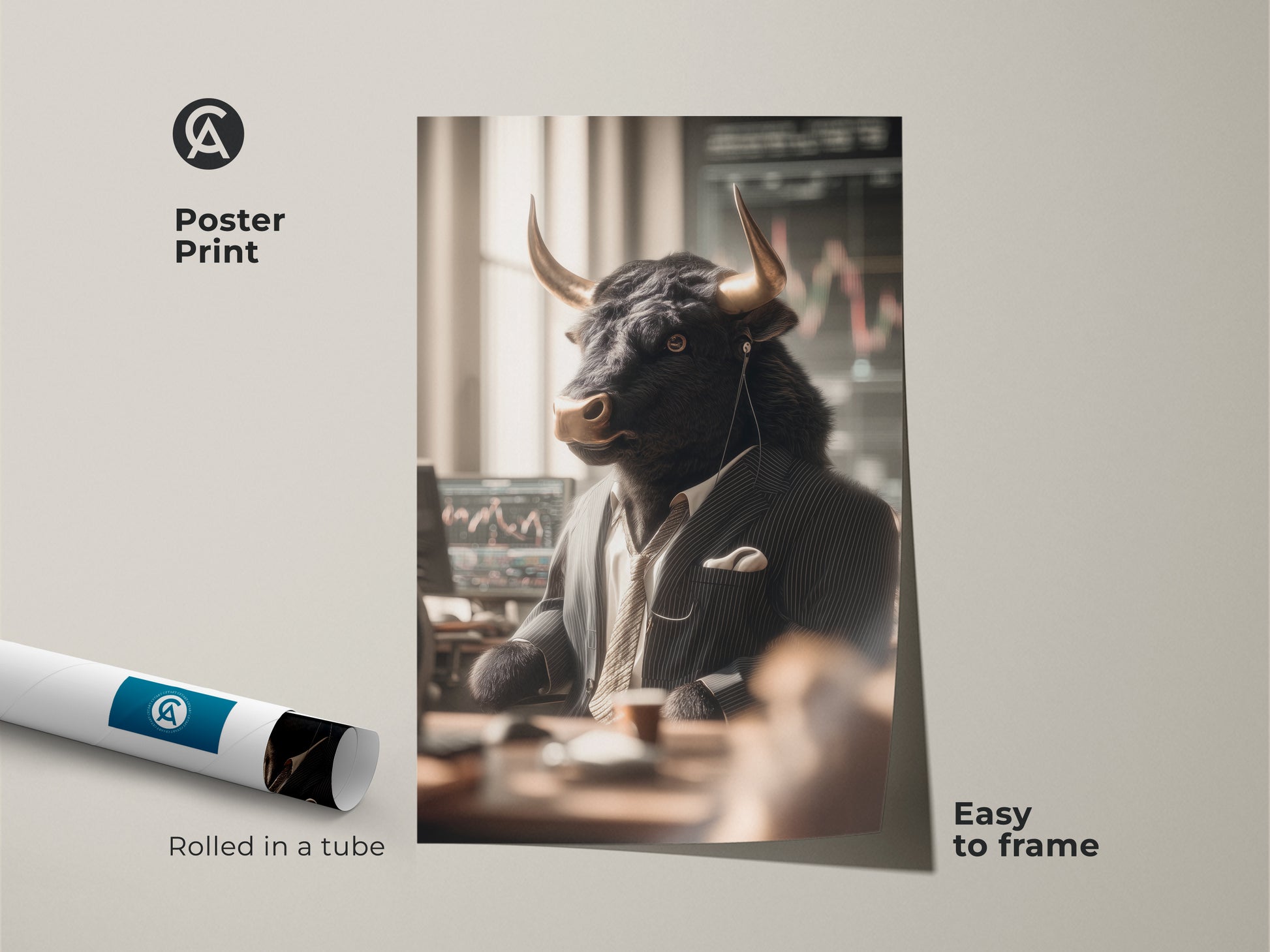 Poster print of a bull dressed as a stock market trader. Rolled in a tube this art is easy to frame. The bull in a suit is depicted analyzing stock charts. This poster print makes a statement in any room or office.