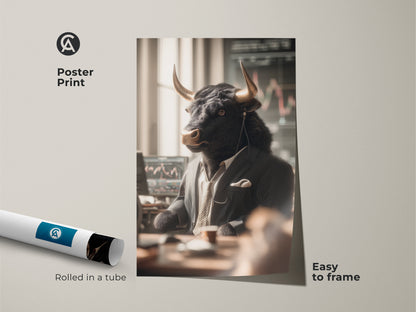Poster print of a bull dressed as a stock market trader. Rolled in a tube this art is easy to frame. The bull in a suit is depicted analyzing stock charts. This poster print makes a statement in any room or office.