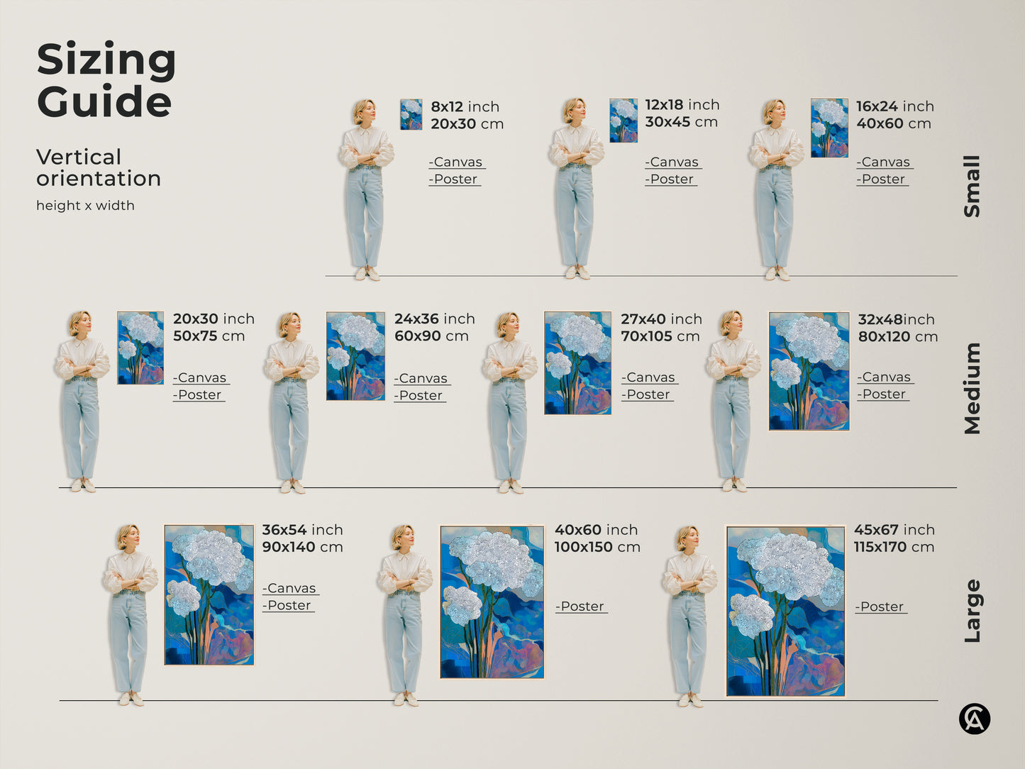 Sizing guide for vertical abstract botanical art prints. Available in small medium and large sizes. Visualize the artwork in 8x12 to 45x67 inch dimensions. Perfect for canvas or poster prints in any room.