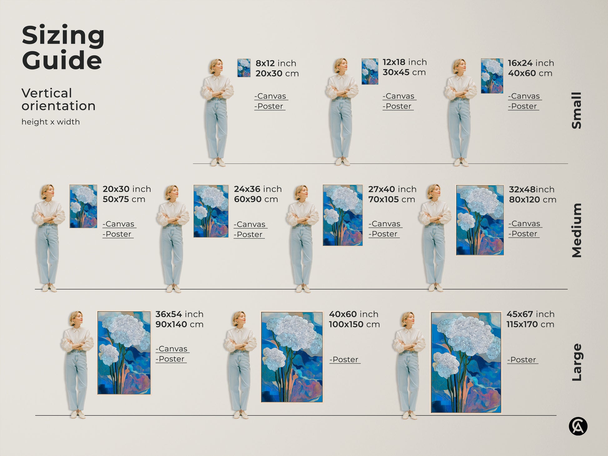 Sizing guide for vertical abstract botanical art prints. Available in small medium and large sizes. Visualize the artwork in 8x12 to 45x67 inch dimensions. Perfect for canvas or poster prints in any room.