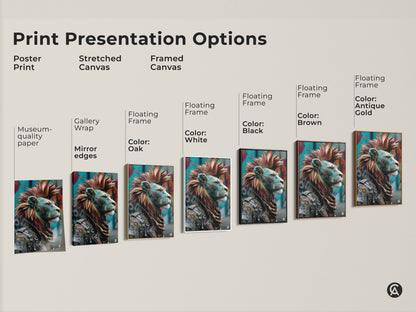 Explore print presentation options for punk lion canvas art. Choose from poster prints stretched canvas and framed canvas. Featuring gallery wrap floating frame and museum-quality edges. A unique red and teal animal wall decor for an eclectic space.