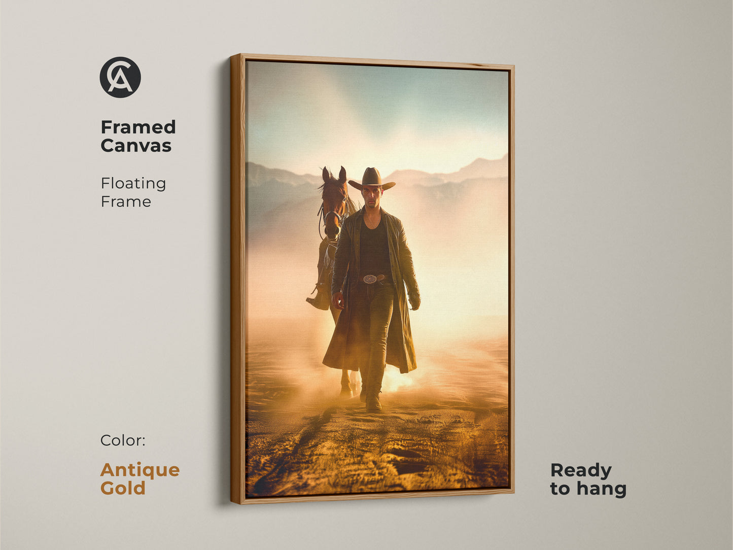Framed canvas art featuring a cowboy and horse in a rustic Western setting. The antique gold floating frame enhances the golden yellow and dusty orange tones. Ready to hang this unique wall art gift adds a touch of adventure. Ideal for study room wall decor.
