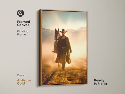 Framed canvas art featuring a cowboy and horse in a rustic Western setting. The antique gold floating frame enhances the golden yellow and dusty orange tones. Ready to hang this unique wall art gift adds a touch of adventure. Ideal for study room wall decor.