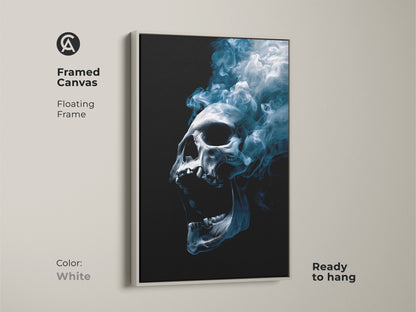 Framed canvas featuring skull artwork with blue smoke. This canvas has a white floating frame. This ready to hang artwork adds a distinctive touch to any room. Perfect for those who want unique wall decor. Enhance your space today.