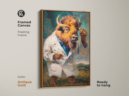 Framed canvas with an antique gold floating frame displaying a buffalo head figure in a lab coat. This unique artwork is ready to hang. It adds a touch of elegance to any room. Perfect for unique home decor.
