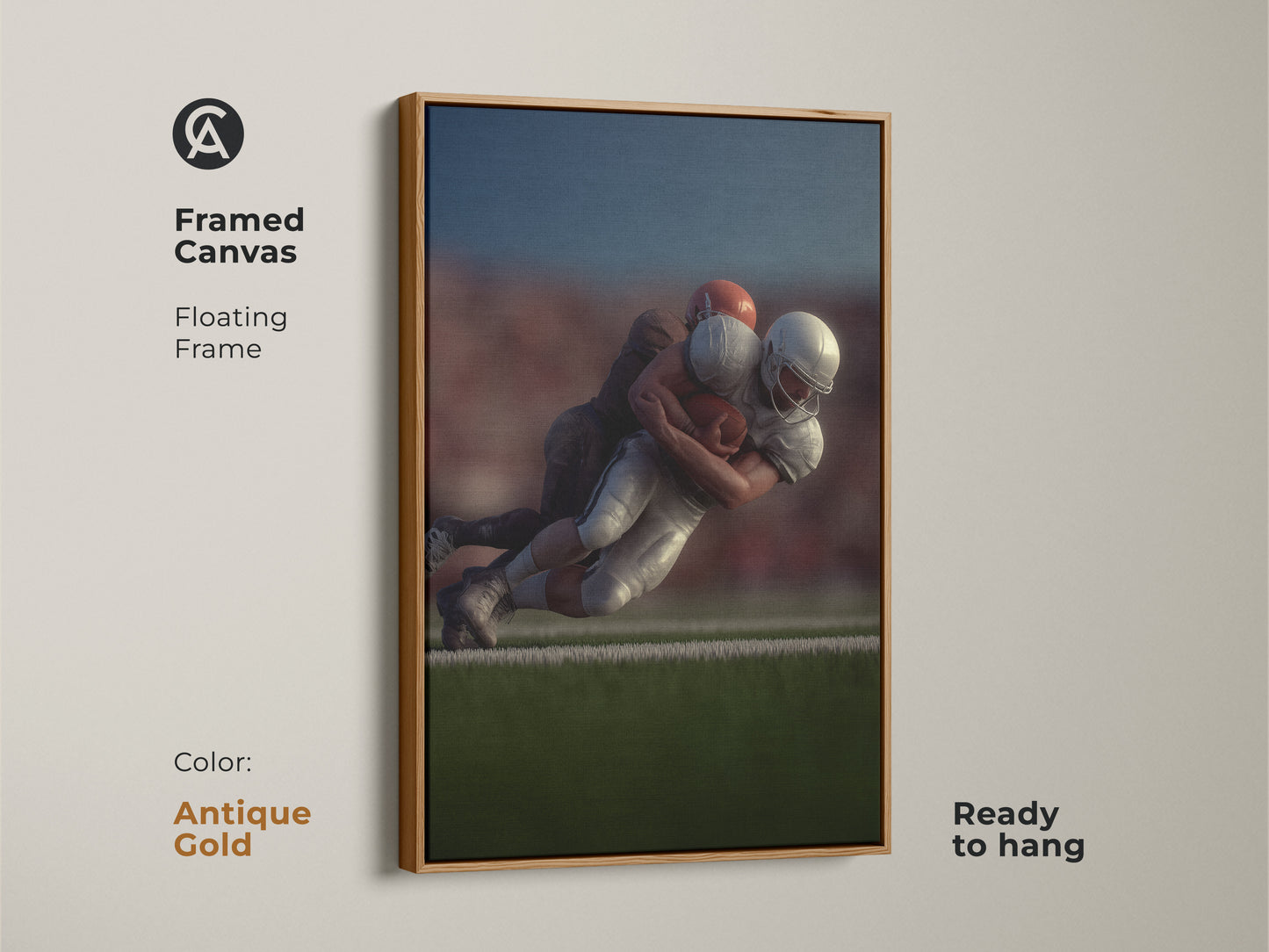 Framed canvas featuring a dynamic football tackle with a floating antique gold frame. Ready to hang this photorealistic sports action wall art is a statement piece. Perfect for a den or man cave this football artwork makes a great gift for any sports fan. Celebrate team sports with this intense moment.