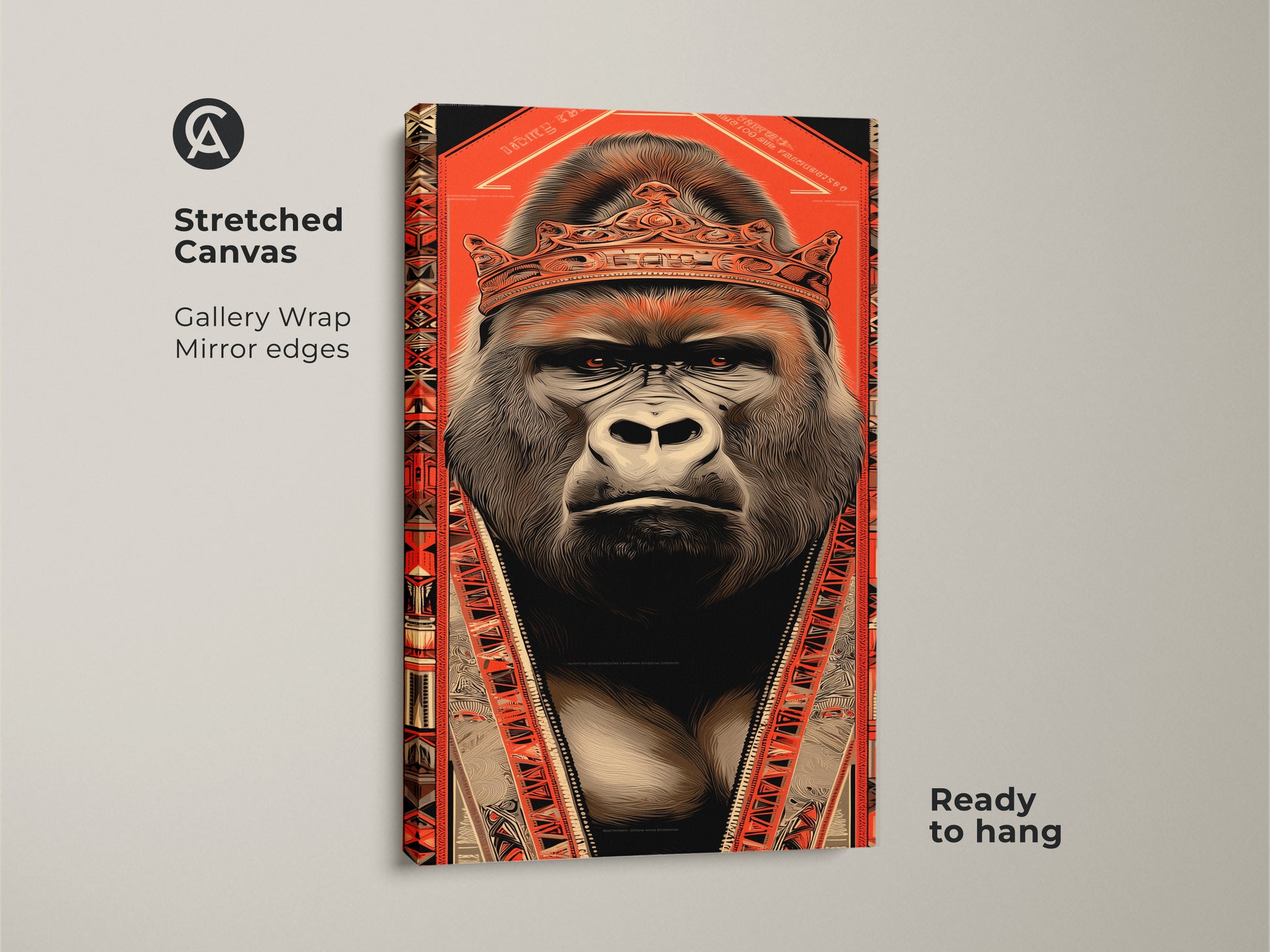 Stretched canvas print of a gorilla king. The regal gorilla has a crown and is in a bold illustration style. The tribal pattern accents add an eclectic feel. With orange and black tones this gallery wrapped canvas is ready to hang. It's great pop culture wall decor for animal lovers.