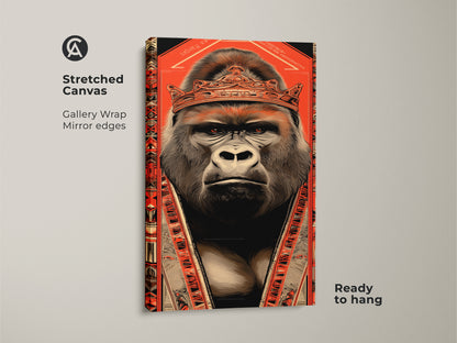 Stretched canvas print of a gorilla king. The regal gorilla has a crown and is in a bold illustration style. The tribal pattern accents add an eclectic feel. With orange and black tones this gallery wrapped canvas is ready to hang. It's great pop culture wall decor for animal lovers.