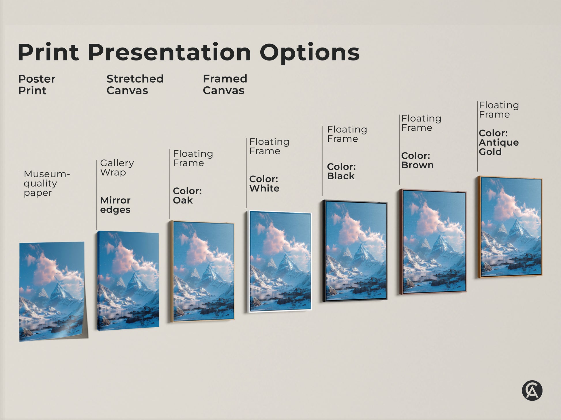 Explore print presentation options including poster prints stretched canvas and framed canvas. Choose from museum-quality paper gallery wrap and floating frames in various colors. Find the perfect style to display your winter mountain art.