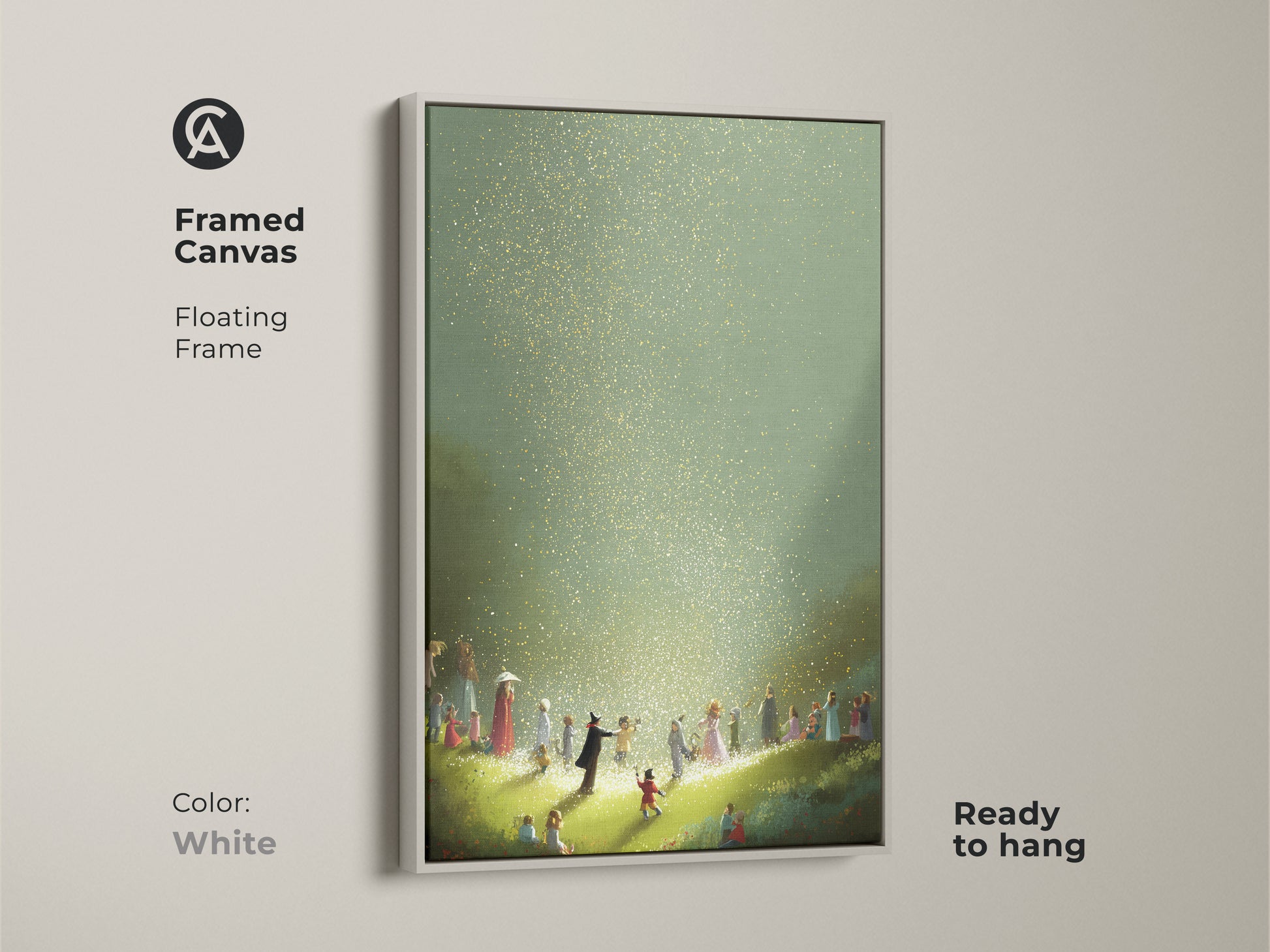 White framed canvas print featuring a fantasy scene with children in magical gold and green light. This whimsical artwork is ready to hang. It brings an eclectic touch to any space. Ideal for nursery or kids' bedroom decor it adds a sense of wonder and delight to your residential wall art.