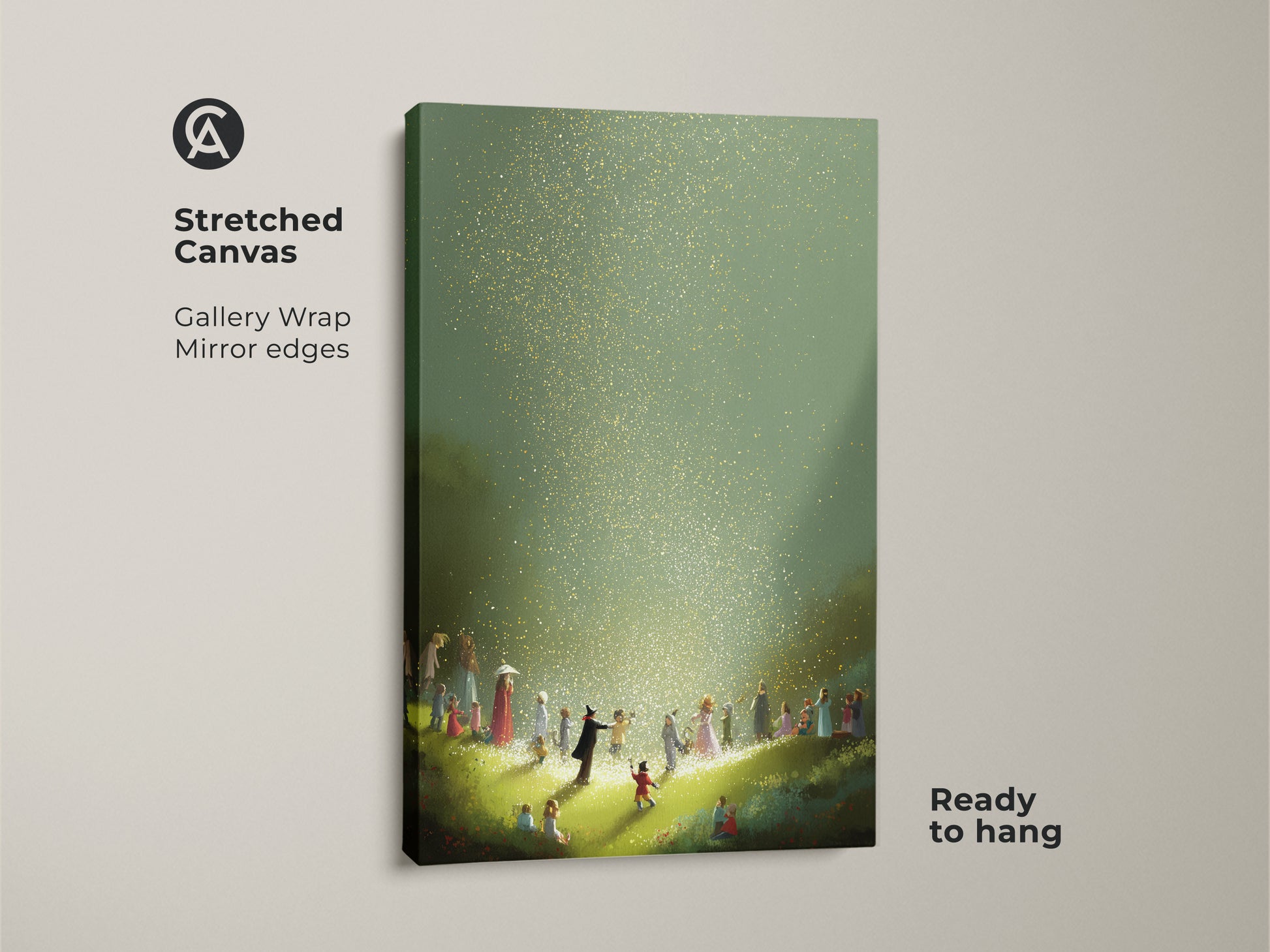 Stretched canvas print of a fantasy scene with children bathed in magical gold light. Gallery wrapped with mirrored edges this whimsical artwork is ready to hang. Perfect for a kids' bedroom or playroom this piece brings nature's beauty and a touch of wonder to any space.