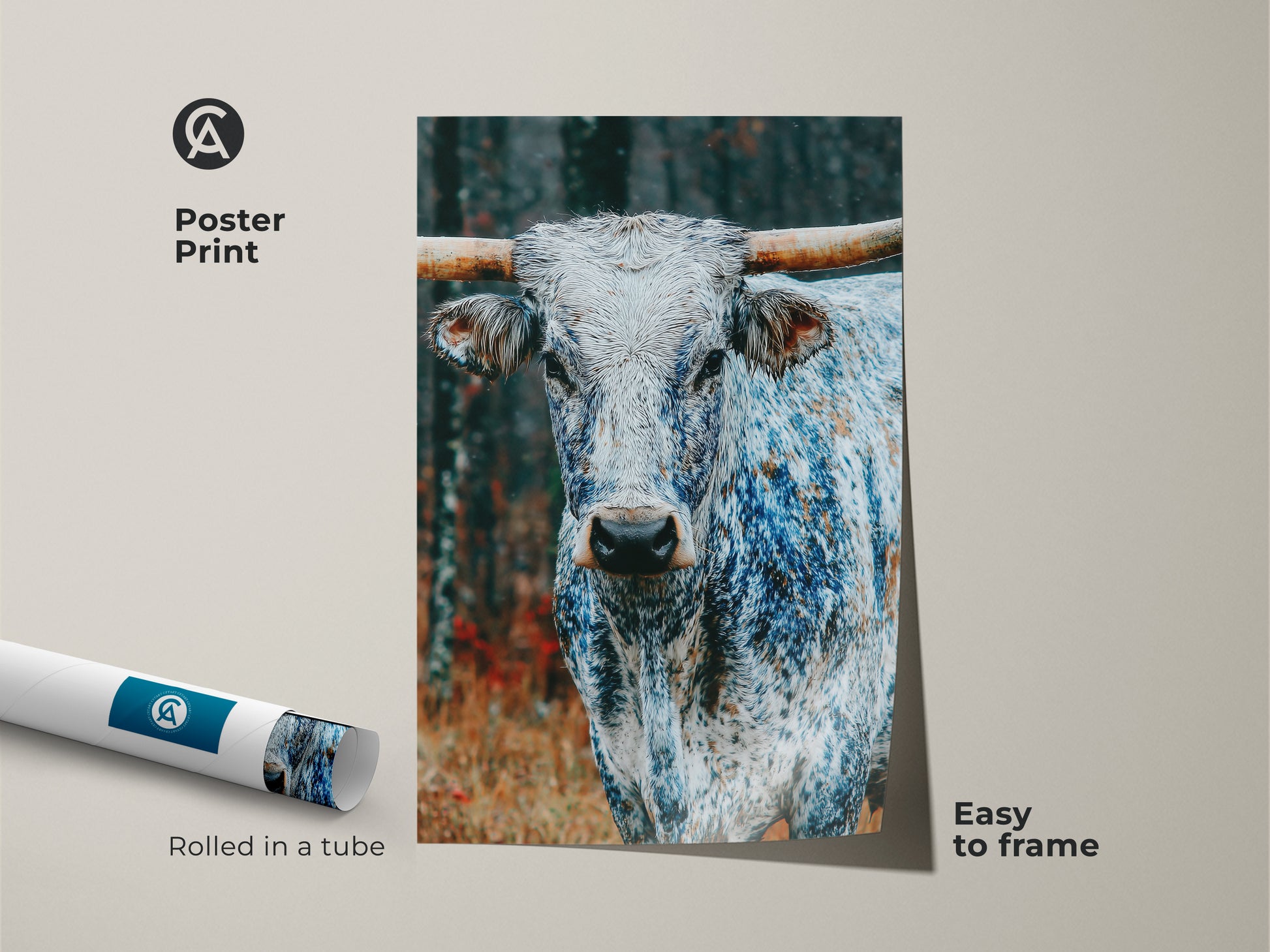 Poster print of a majestic Longhorn. The artwork is rolled in a tube for easy framing. The animal's powerful presence is captured in detail. This print brings a touch of nature indoors. It is easy to frame and display.
