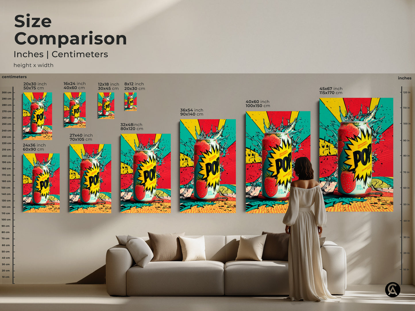 Size comparison of the strawberry soda can artwork in inches and centimeters. Visualize the artwork in different sizes on a wall above a sofa. Choose the ideal dimensions for your space. A perfect addition to any room.