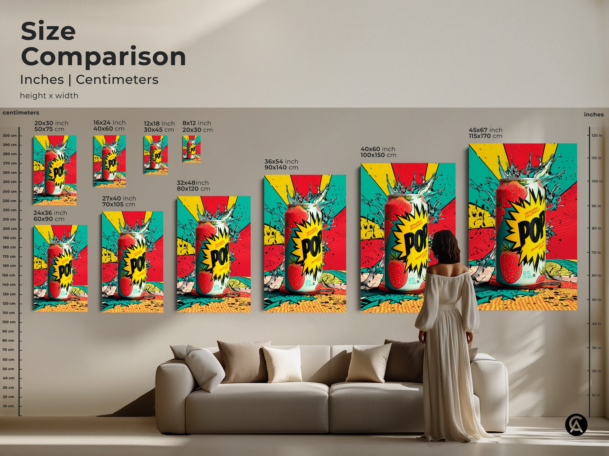 Size comparison of the strawberry soda can artwork in inches and centimeters. Visualize the artwork in different sizes on a wall above a sofa. Choose the ideal dimensions for your space. A perfect addition to any room.