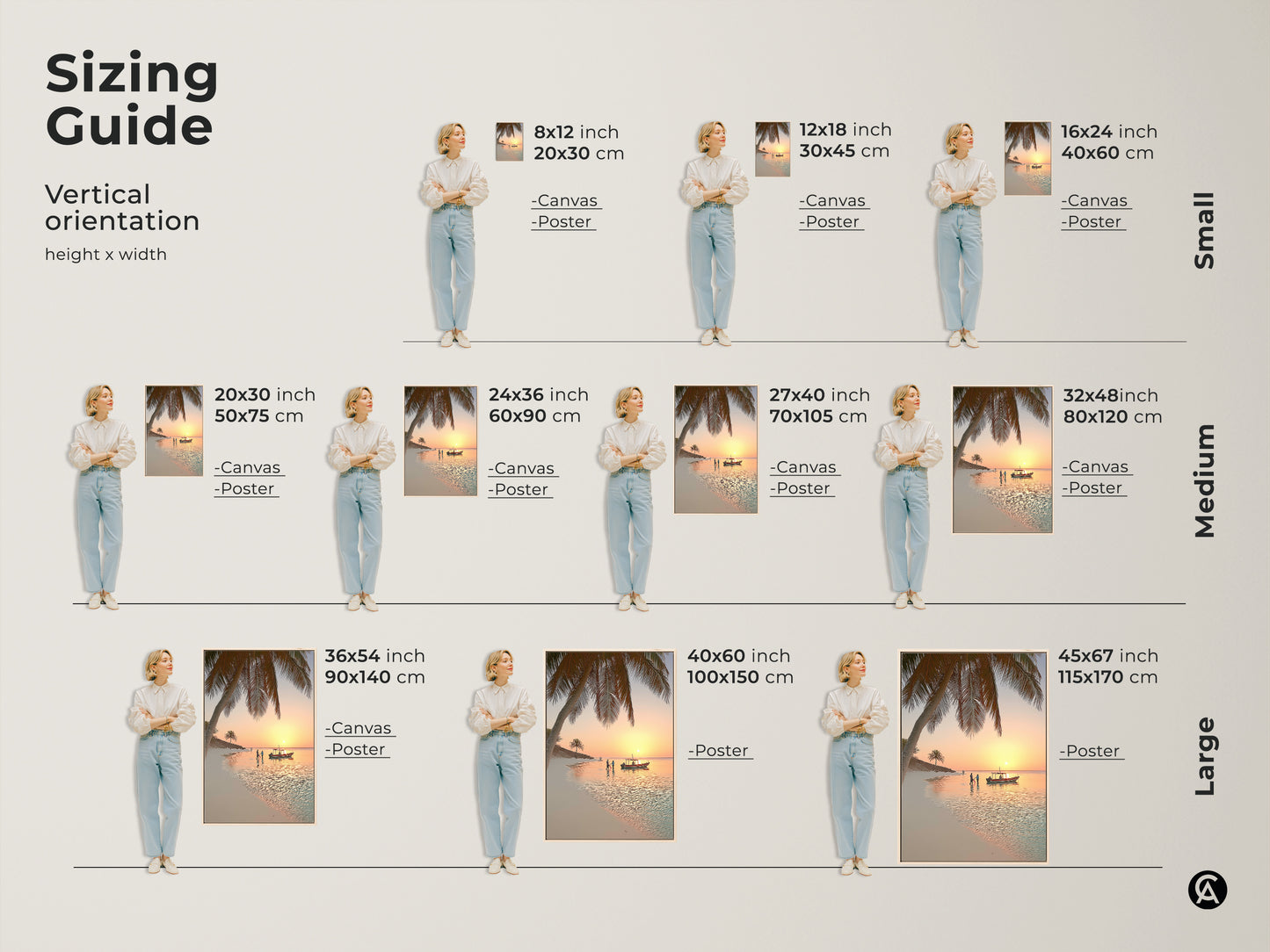 Sizing guide for the beach sunset wall art. Vertical orientation options include canvas and poster prints. Available in small medium and large sizes to suit any space. This coastal palm tree artwork brings a tropical touch to your home decor.