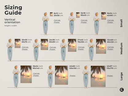 Sizing guide for the beach sunset wall art. Vertical orientation options include canvas and poster prints. Available in small medium and large sizes to suit any space. This coastal palm tree artwork brings a tropical touch to your home decor.