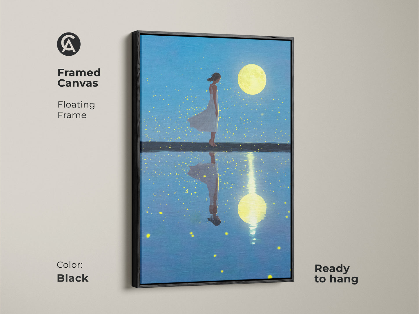 This framed canvas features a floating frame in black. It showcases a surreal artwork with a woman moon. This figurative fantasy art is ready to hang. It's perfect for adding a bohemian touch to your home decor.