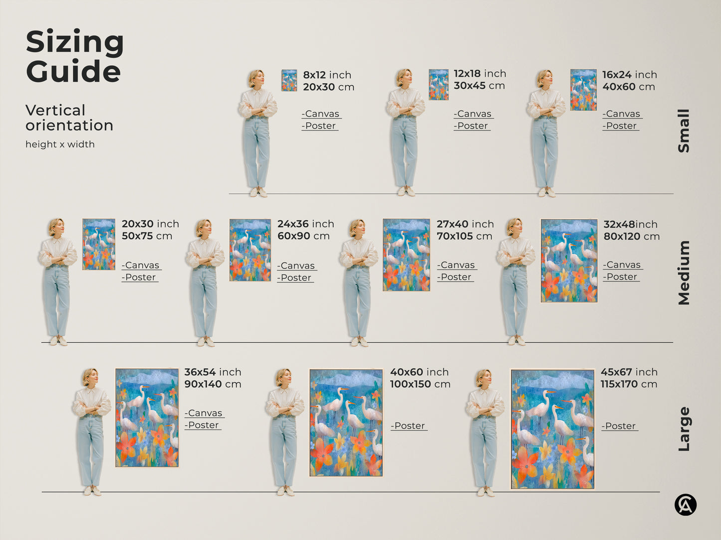 Sizing guide for the Vertical orientation Eclectic Egret and Floral Canvas. Available in small medium and large. Find the perfect size for your space with our detailed sizing guide.