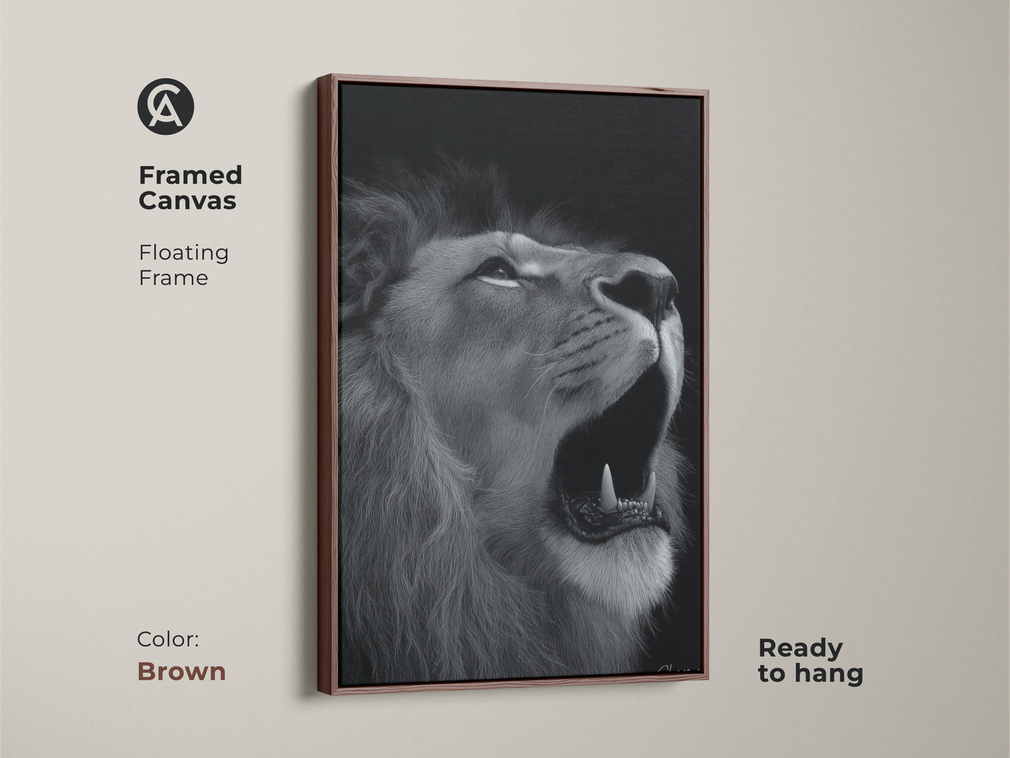 Photorealistic lion canvas in a stylish brown floating frame. This framed monochrome wildlife art is ready to hang. Its a contemporary black and white animal artwork. A sophisticated piece perfect for modern home decor or a gift for animal lover. Captivating lion art.