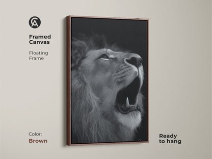 Photorealistic lion canvas in a stylish brown floating frame. This framed monochrome wildlife art is ready to hang. Its a contemporary black and white animal artwork. A sophisticated piece perfect for modern home decor or a gift for animal lover. Captivating lion art.