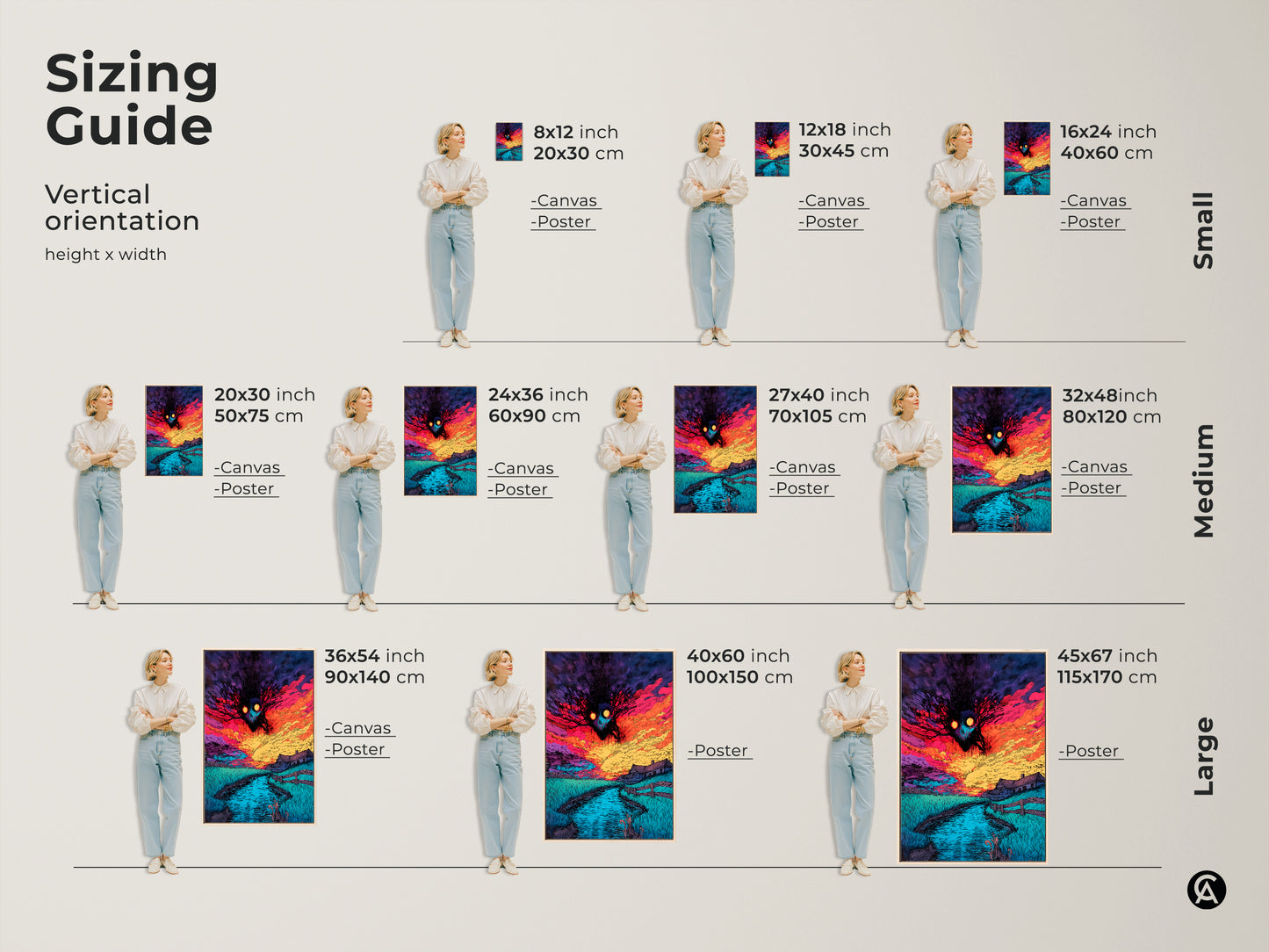 Sizing guide for vertical spooky monster artwork. Available in small medium and large sizes. Choose from canvas or poster prints. Find the perfect size to complement your decor. Shop Now!