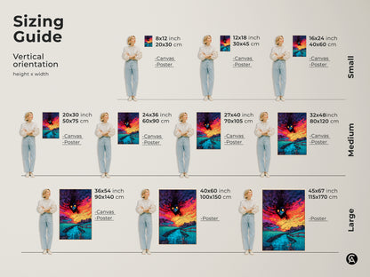 Sizing guide for vertical spooky monster artwork. Available in small medium and large sizes. Choose from canvas or poster prints. Find the perfect size to complement your decor. Shop Now!