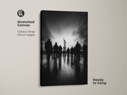 Elevate your space with this stretched canvas art. The Statue of Liberty stands tall amidst blurred figures. Gallery wrapped with mirror edges it's ready to hang. A captivating monochrome piece that brings New York's energy into your home.
