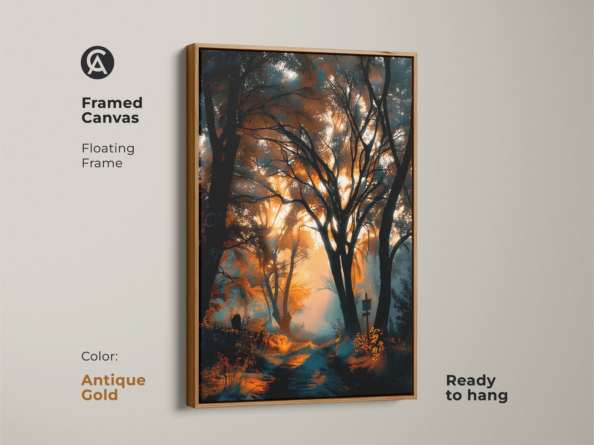 Antique gold framed canvas artwork showing a forest path. The frame adds a vintage touch. The floating frame enhances the artwork. Ready to hang. This artwork is a statement piece.