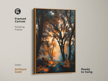 Antique gold framed canvas artwork showing a forest path. The frame adds a vintage touch. The floating frame enhances the artwork. Ready to hang. This artwork is a statement piece.