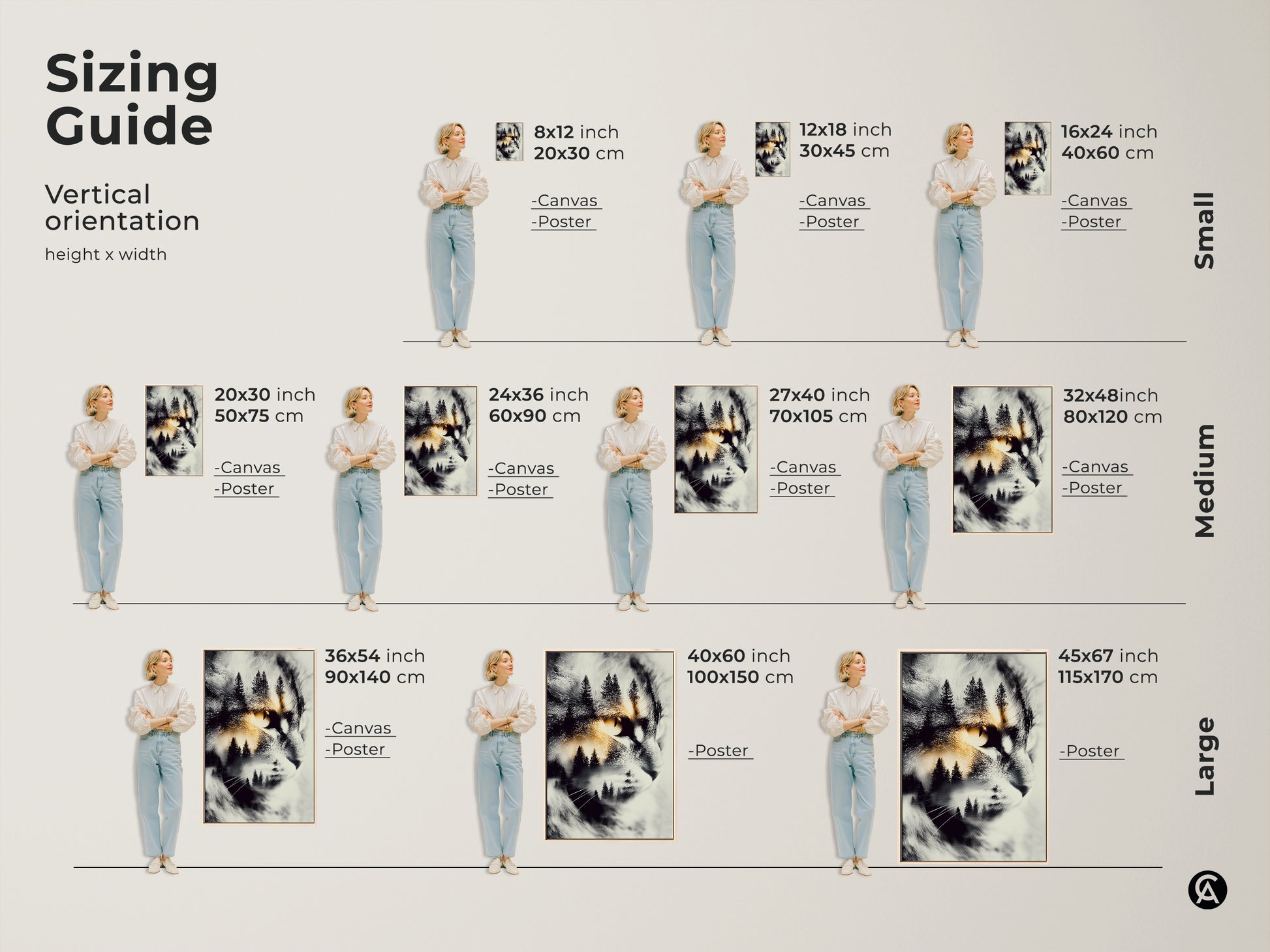 Sizing guide for vertical cat artwork. The artwork features a cat's face with a forest scene inside. Sizes range from small to large. It is available as canvas or poster.