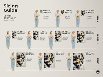Sizing guide for vertical cat artwork. The artwork features a cat's face with a forest scene inside. Sizes range from small to large. It is available as canvas or poster.