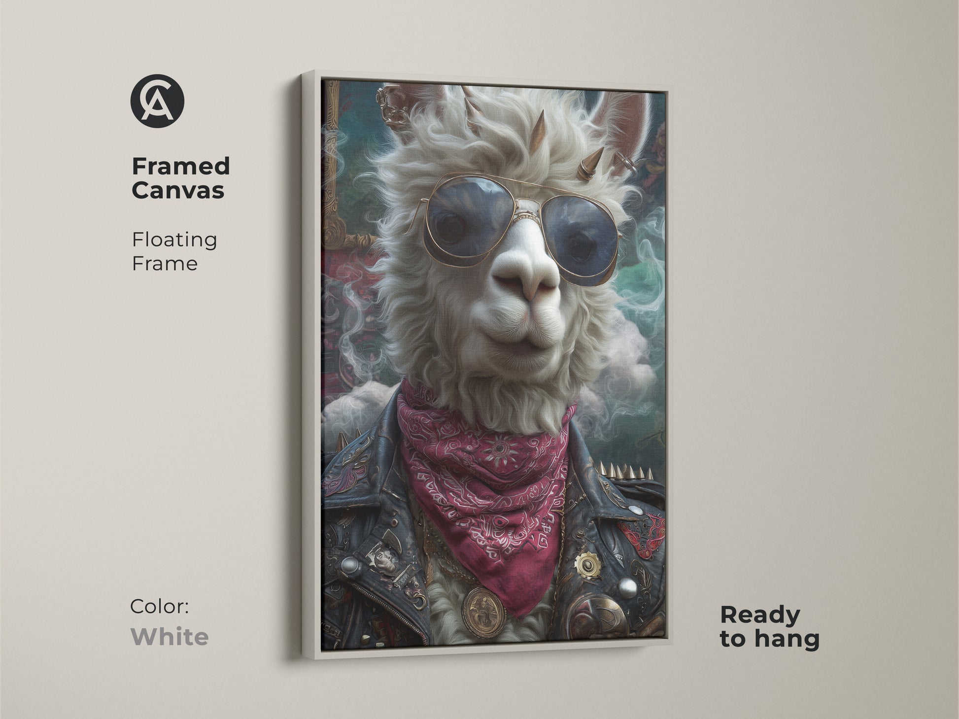 Framed white canvas print of a punk rock llama. The surreal animal art features a llama with sunglasses and leather jacket. A unique wall decor piece ready to hang. Perfect as a music lover gift or to add an eclectic touch to your home or office.