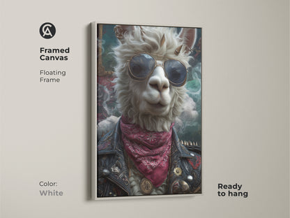 Framed white canvas print of a punk rock llama. The surreal animal art features a llama with sunglasses and leather jacket. A unique wall decor piece ready to hang. Perfect as a music lover gift or to add an eclectic touch to your home or office.