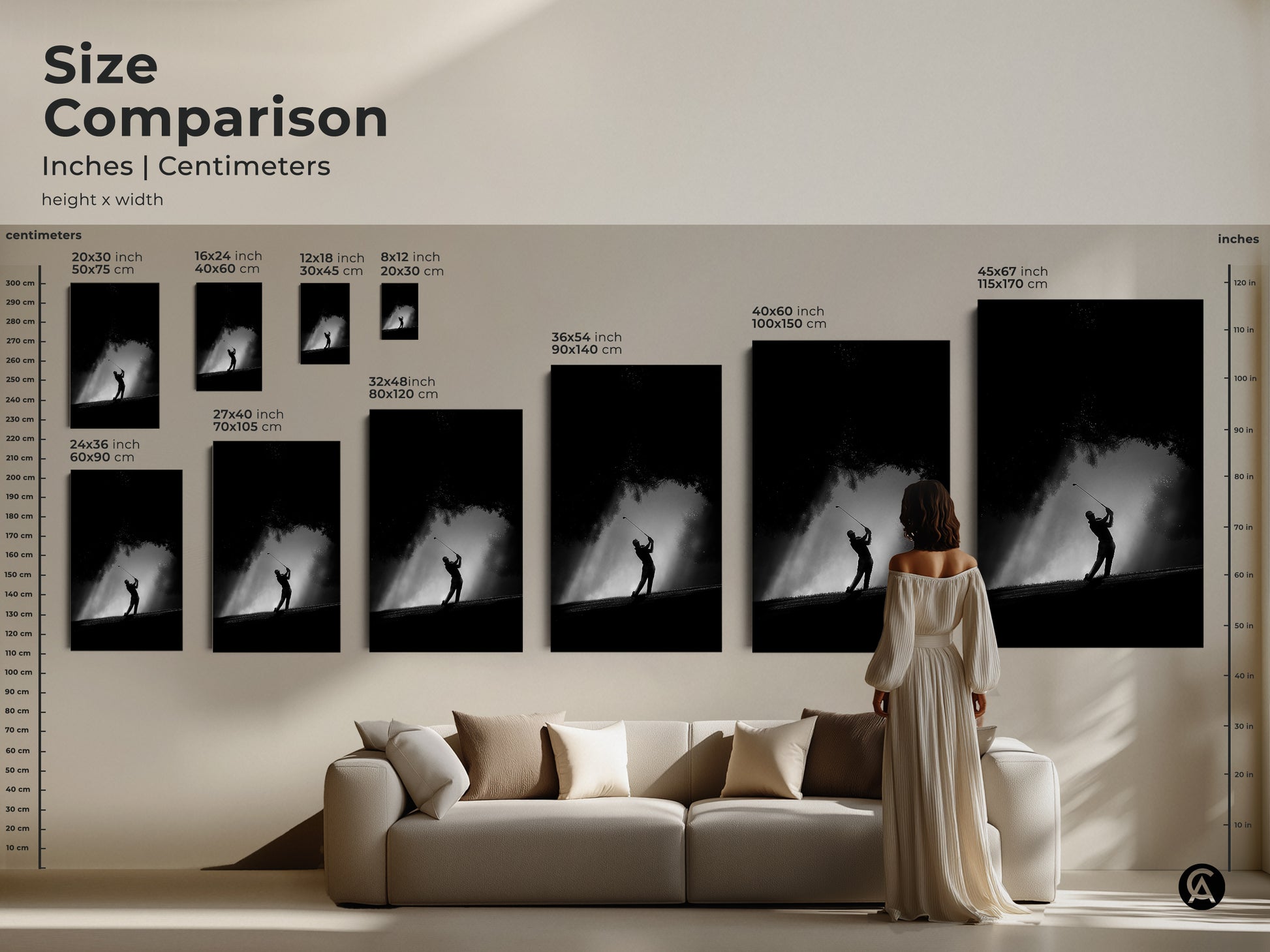 Size comparison of golf artwork prints. See how the artwork scales in inches and centimeters. Various sizes are available to fit different spaces. Perfect for adding a touch of sport to any room.