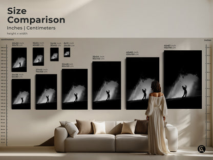 Size comparison of golf artwork prints. See how the artwork scales in inches and centimeters. Various sizes are available to fit different spaces. Perfect for adding a touch of sport to any room.