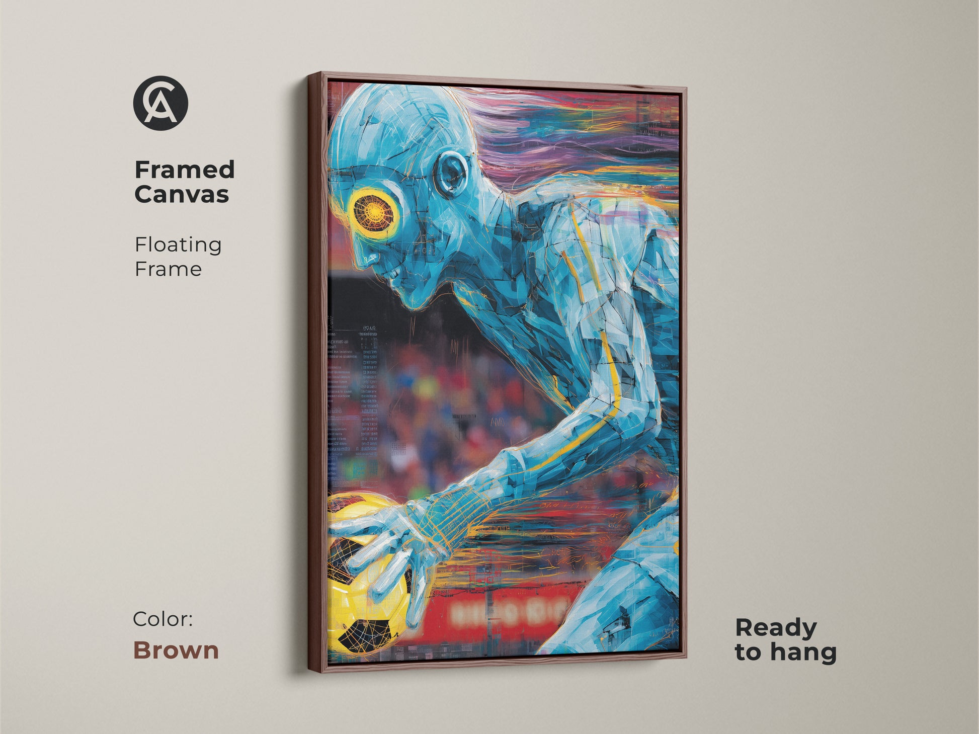 Brown framed canvas featuring abstract soccer player art. The floating frame complements this contemporary sports artwork. The piece adds a touch of modern style to any living space. It's a soccer gift for sports fans.
