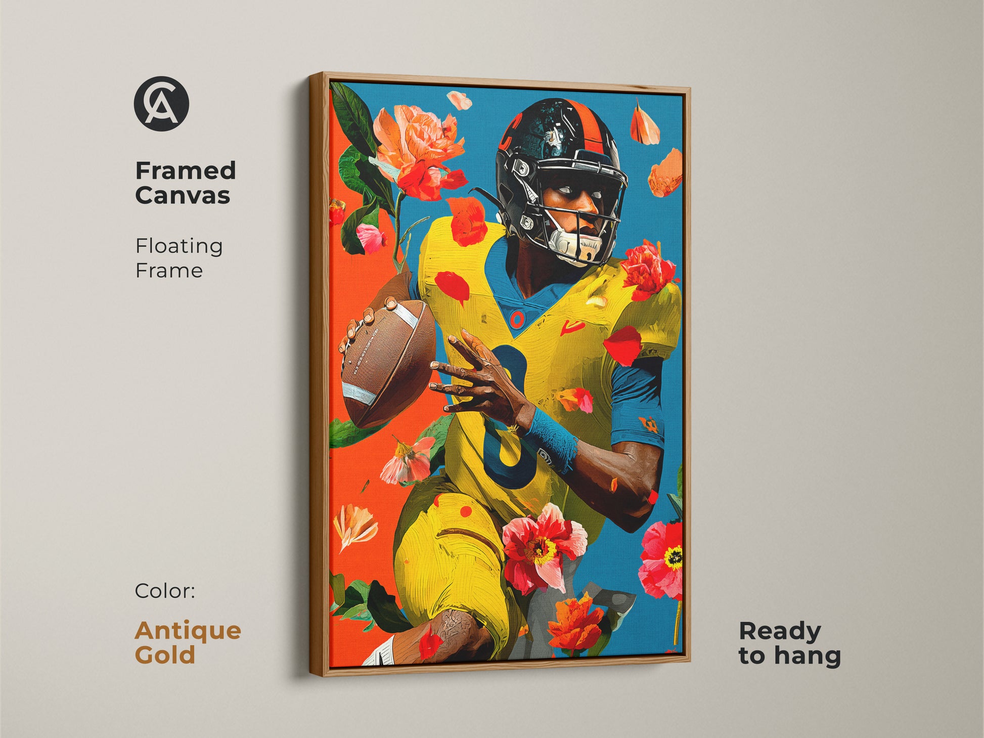 The framed canvas in antique gold displays american football art. This blends modern yellow and blue floral elements. The sports decor is ready to hang. Its floating frame is perfect for any space. It is an ideal gift for sports enthusiasts.