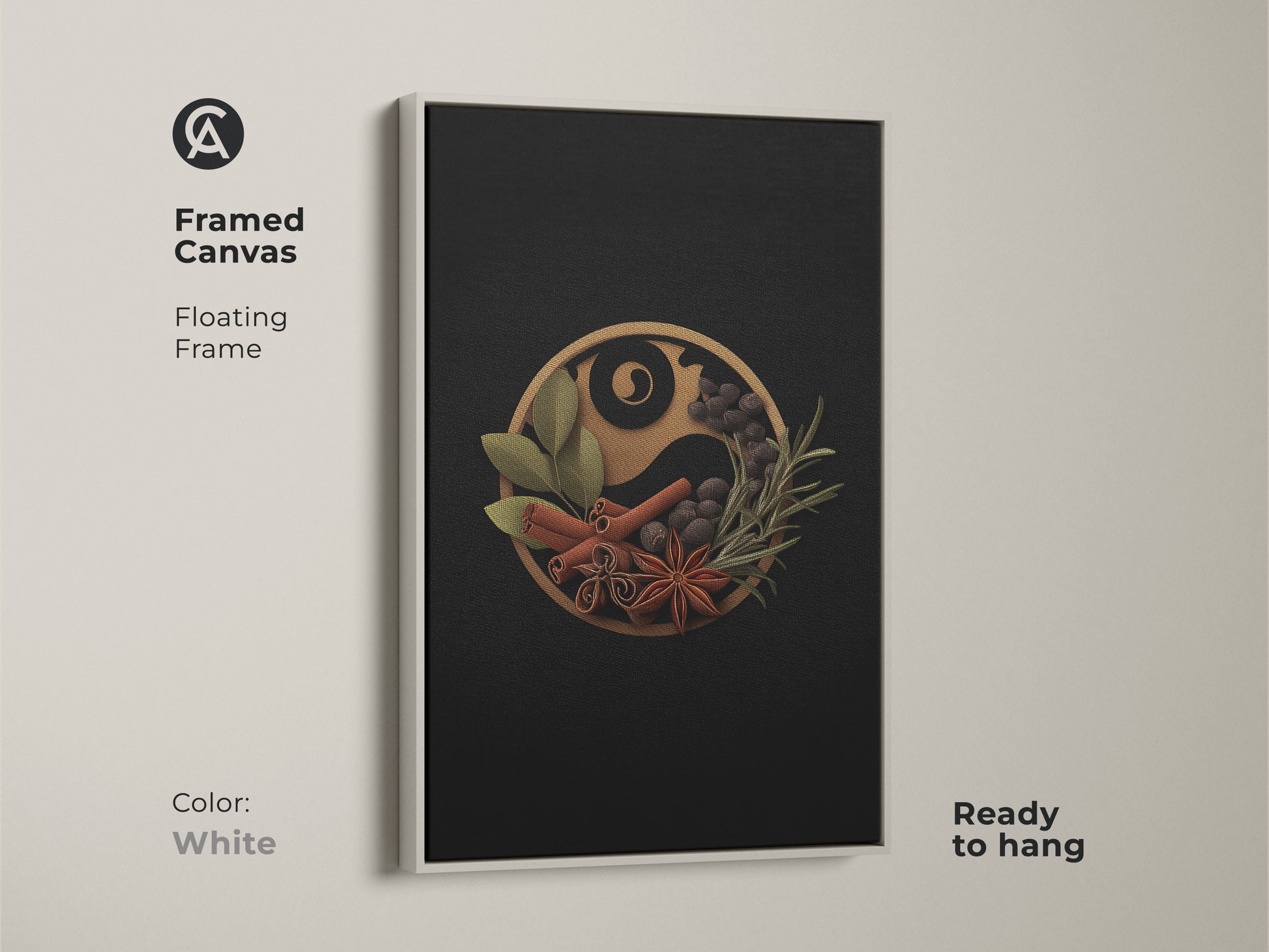 Framed canvas art featuring a spice Yin Yang artwork with a white floating frame. This contemporary herb print brings a clean modern aesthetic to kitchen art. The spice herbs wall hanging offers a minimalist touch perfect for any contemporary home decor. It is ready to hang.
