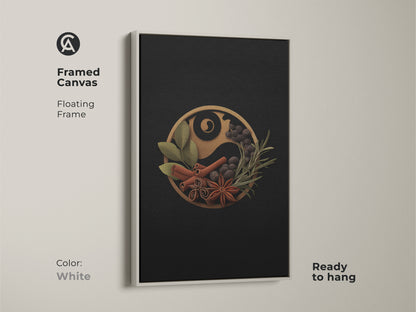 Framed canvas art featuring a spice Yin Yang artwork with a white floating frame. This contemporary herb print brings a clean modern aesthetic to kitchen art. The spice herbs wall hanging offers a minimalist touch perfect for any contemporary home decor. It is ready to hang.