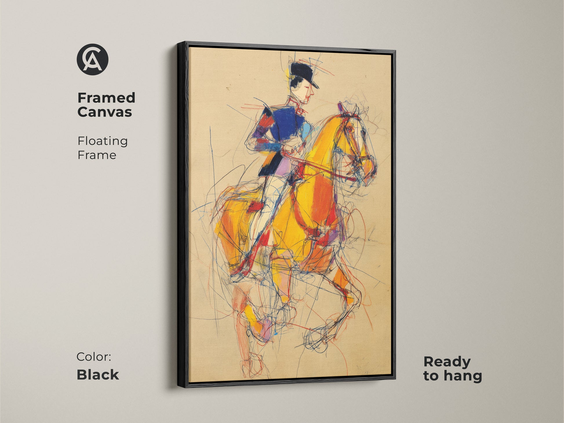 Framed Canvas with a black floating frame showcasing a horse rider. Expressionist wall decor featuring a horse and rider in yellow blue and red. Ready to hang artwork perfect for horse lovers and collectors of fine art.