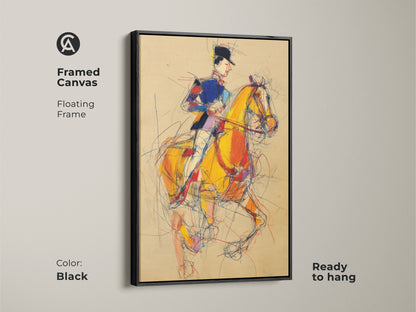 Framed Canvas with a black floating frame showcasing a horse rider. Expressionist wall decor featuring a horse and rider in yellow blue and red. Ready to hang artwork perfect for horse lovers and collectors of fine art.