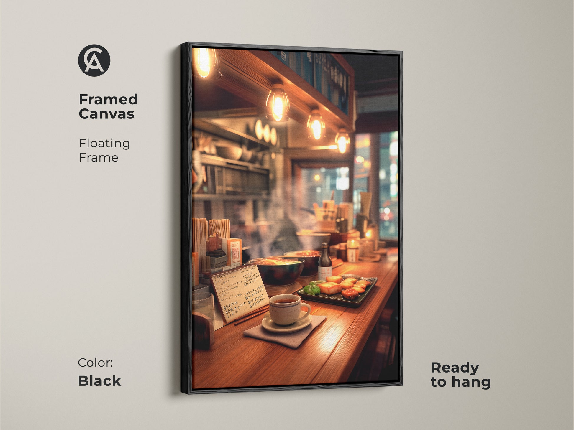 Framed canvas featuring a cozy ramen bar scene with a black floating frame. Ready to hang this artwork brings the warmth of a Japanese eatery to your walls. Perfect for adding a touch of culinary art to your home decor