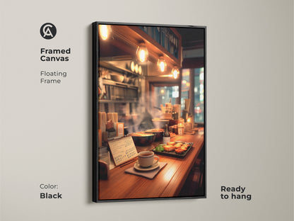 Framed canvas featuring a cozy ramen bar scene with a black floating frame. Ready to hang this artwork brings the warmth of a Japanese eatery to your walls. Perfect for adding a touch of culinary art to your home decor